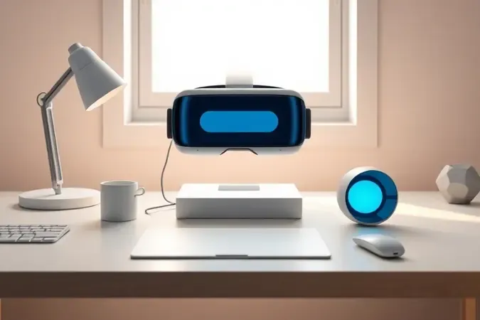 Espaço de trabalho moderno com óculos de realidade virtual para configuração inicial em renderização 3D