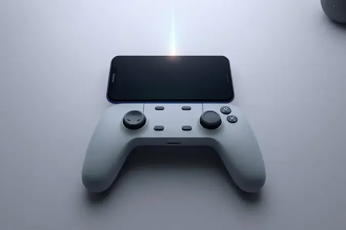 Render 3D de smartphone e gamepad sobre mesa com luzes indicadoras de pareamento bem-sucedido em ambiente clean.
