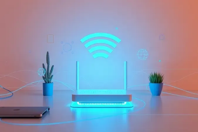 Renderização 3D conceitual de configuração de roteador com fluxo de dados otimizado e ondas Wi-Fi em ambiente tecnológico moderno.