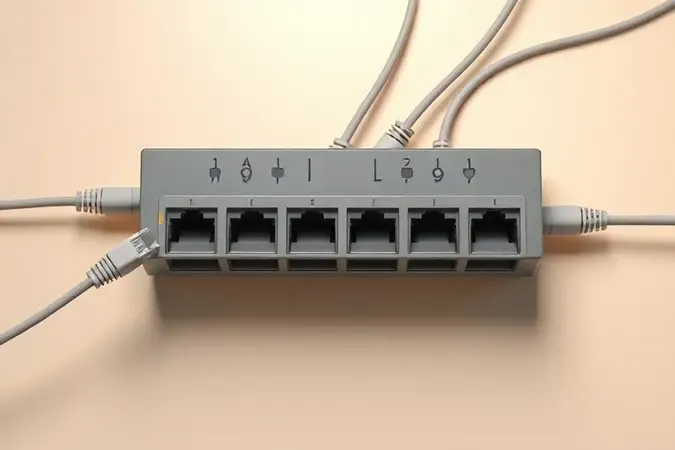 Vista superior de switch de rede 8 portas com cabos ethernet abstratos em renderização 3D clean de configuração profissional