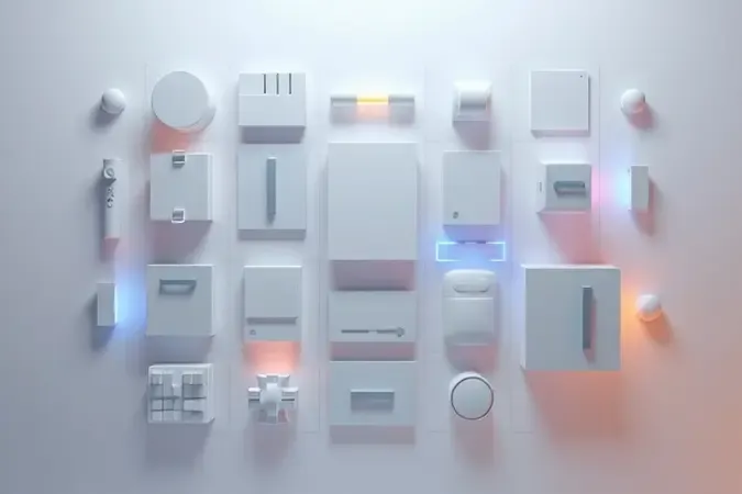 Composição 3D conceitual abstrata com formas geométricas modulares em grade minimalista representando configurações personalizáveis.