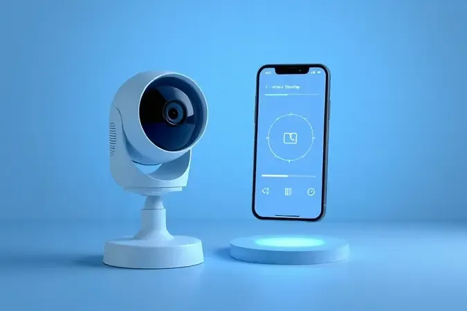 Câmera de segurança ao lado de smartphone representando configuração via aplicativo Intelbras
