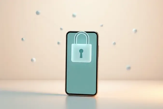 Renderização 3D conceitual de smartphone com ícones abstratos de cadeado e escudo representando configuração de controle parental.