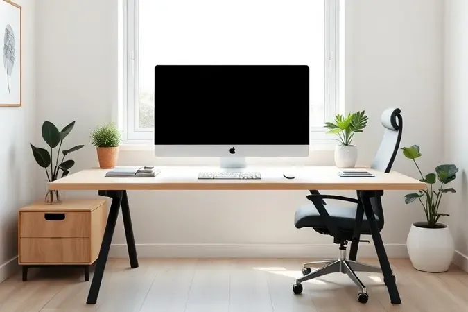Espaço de trabalho ergonômico moderno com teclado, monitor na altura dos olhos e cadeira ajustável, seguindo princípios de ergonomia para home office.