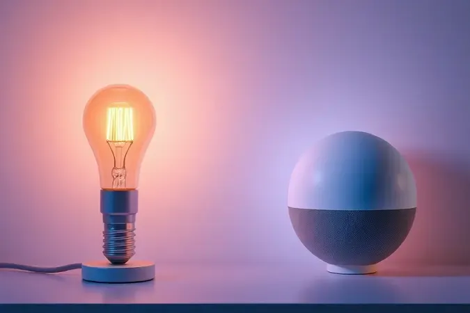 Cena conceitual de lâmpada inteligente genérica conectada por linhas luminosas a esfera abstrata representando assistente de voz Alexa.