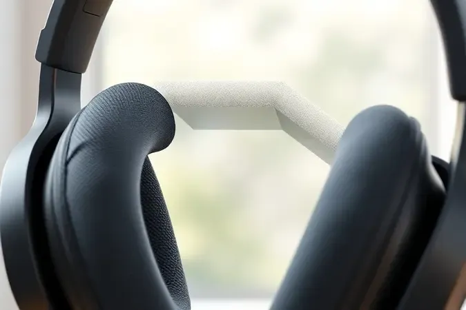 Render 3D de almofada de headset com espuma viscoelástica e barreira translúcida representando tecnologia de cancelamento de ruído