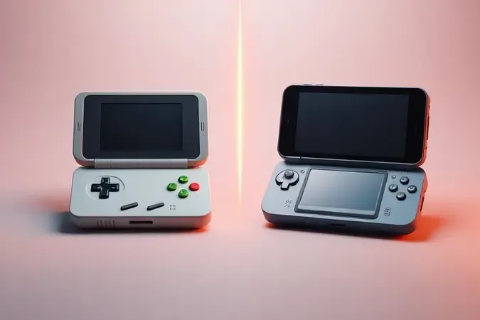 Comparação conceitual entre design de console portátil retrô e moderno, destacando diferenças de formato e ergonomia.