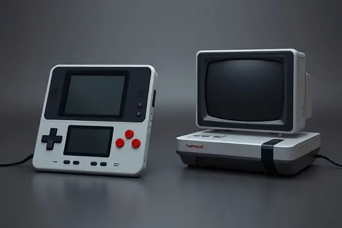 Comparação entre console retrô portátil e console de mesa em renderização 3D com design moderno e iluminação equilibrada.