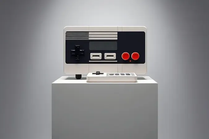 Renderização 3D de console retrô com design vintage e controle joystick exibido em pedestal minimalista com iluminação suave.