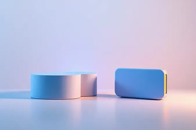 Renderização 3D conceitual comparando formas abstratas de console de mesa e portátil lado a lado com iluminação contrastante.