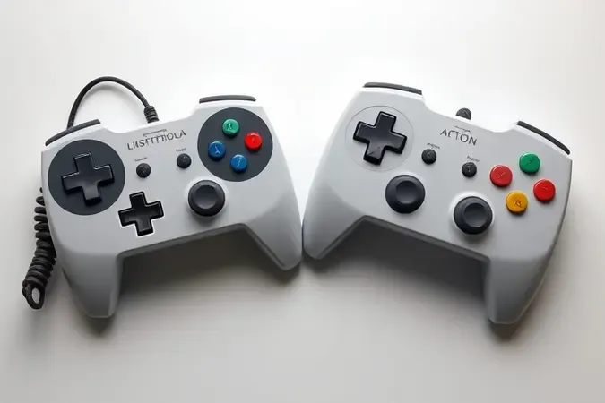 Dois controles retrô lado a lado, um com fio e outro sem fio, em renderização 3D com superfície limpa e iluminação suave.