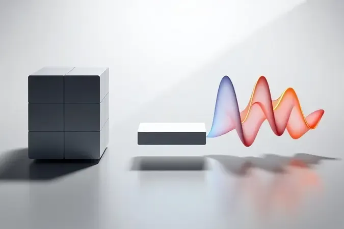 Visualização 3D da conversão de sinal digital em blocos para formato analógico em ondas com elemento conector central estilizado.
