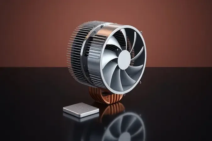 Cooler de processador conceitual ao lado de chip em superfície reflexiva com iluminação profissional em render 3D.