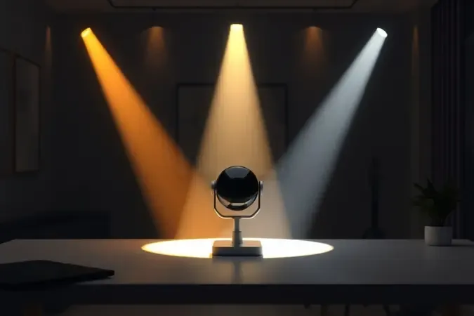 Render 3D de webcam em ambiente interno escuro com feixes de luz ajustando-se representando correção automática de iluminação