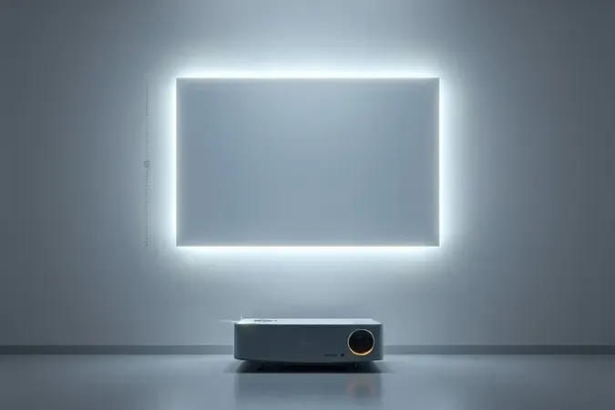 Render 3D conceitual ilustrando correção keystone com moldura trapezoidal se transformando em retângulo perfeito em parede limpa.