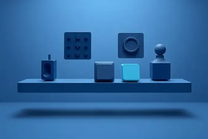 Composição 3D conceitual representando critérios para escolha de calculadora científica com formas geométricas abstratas e paleta sofisticada.