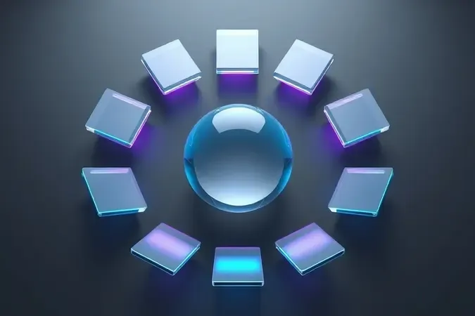 Composição 3D conceitual com painéis geométricos flutuantes representando critérios de escolha para celular gamer.