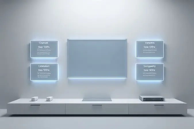 Composição conceitual moderna com painéis flutuantes representando critérios de escolha de DVR como canais, resolução e armazenamento em tons neutros e azul suave.
