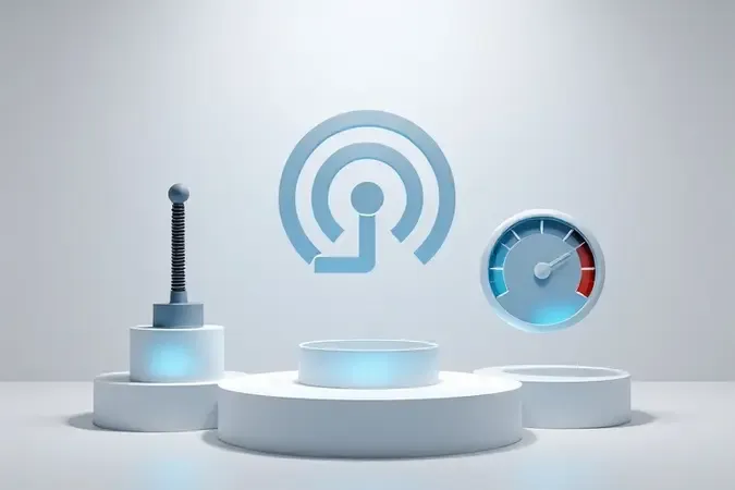 Composição 3D conceitual com ícones abstratos representando critérios para escolha de roteador gamer como antenas, frequência e velocidade