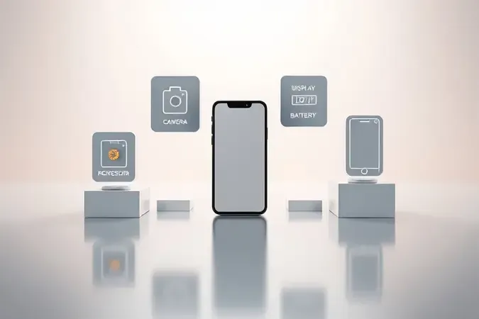 Composição conceitual 3D com formas geométricas representando critérios de escolha de smartphone