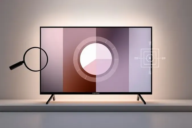 Composição 3D conceitual de TV 55 polegadas com elementos visuais representando critérios de qualidade como resolução e calibragem de imagem.