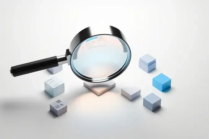 Renderização 3D conceitual de processo de seleção e avaliação de projetores 4K com lupa sobre elementos geométricos abstratos.