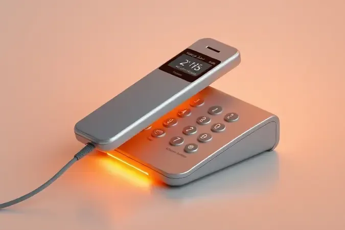 Renderização 3D conceitual de telefone sem fio em base de carregamento com indicador luminoso e visualização abstrata de energia.