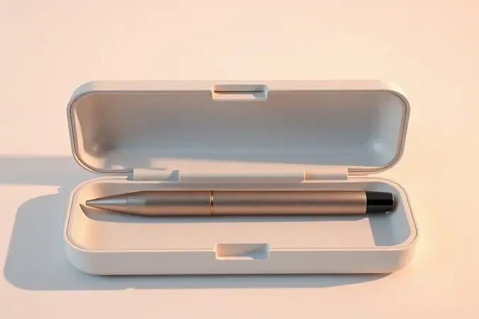Caneta stylus sendo guardada em estojo protetor minimalista em renderização 3D conceitual