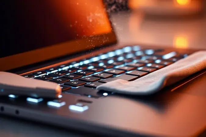 Close-up conceitual de teclado iluminado impecável com pano de microfibra e spray de limpeza representando cuidados essenciais.