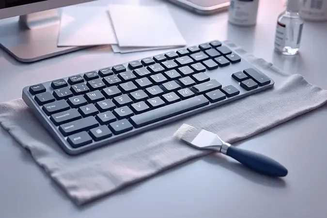 Renderização conceitual de teclado ergonômico sendo cuidado com pano de microfibra e pincel de limpeza para manutenção e durabilidade.