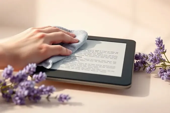 Conceito 3D de e-reader sendo limpo com pano de microfibra representando cuidados essenciais com a tela.