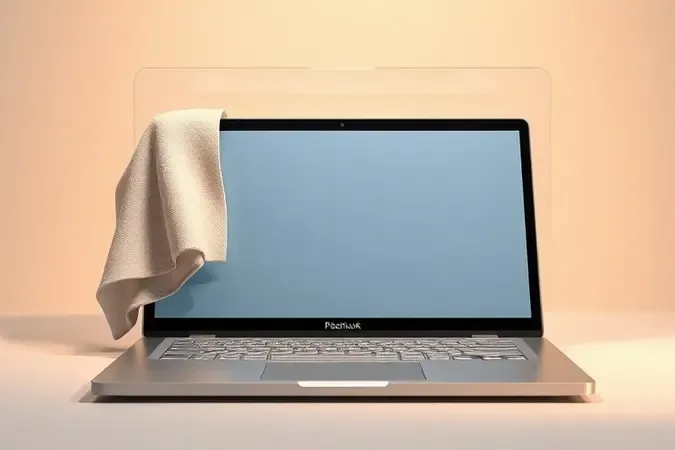 Cuidados com tela touch de notebook com pano de microfibra e proteção em render 3D clean