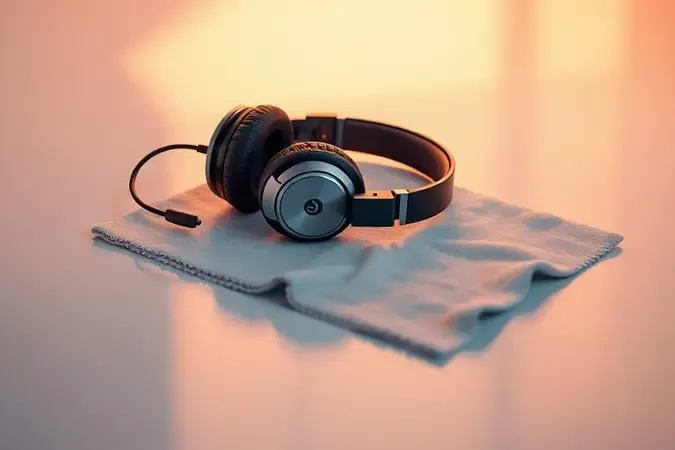 Headset gamer sem marca sobre superfície limpa com pano de microfibra representando cuidados e manutenção em render 3D