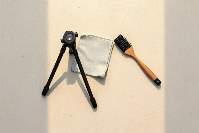 Composição 3D conceitual sobre limpeza e manutenção de tripé com pano e pincel