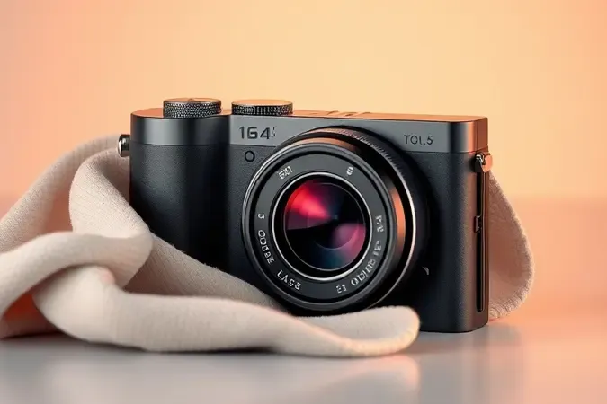 Renderização 3D conceitual de câmera compacta com pano de microfibra representando cuidados e manutenção do equipamento fotográfico.