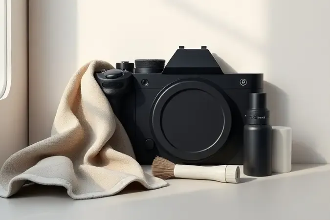 Renderização 3D conceitual de itens de manutenção para câmera profissional com pano de microfibra, pincel e soprador em composição clean.