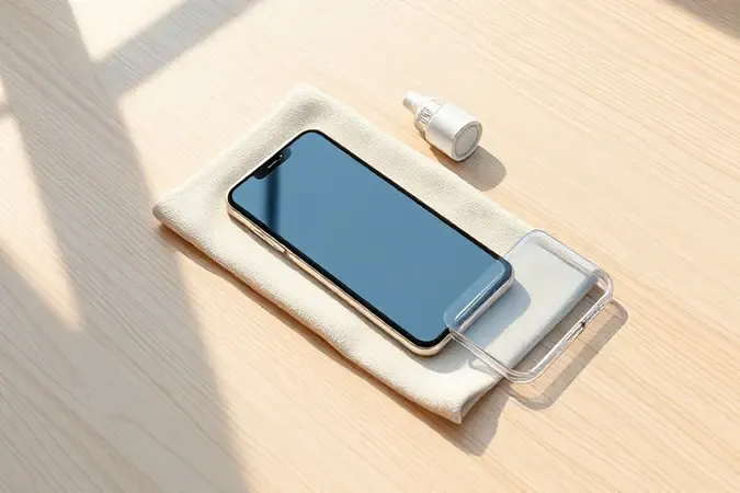Renderização 3D de smartphone genérico sobre pano de microfibra com itens de limpeza e proteção em composição minimalista de cuidados.