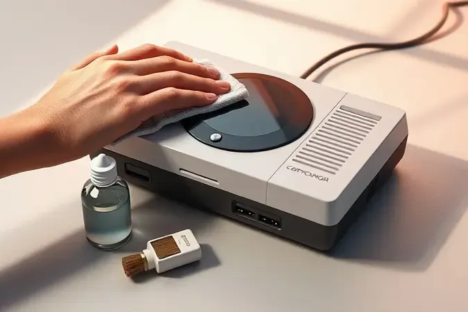 Console retrô sendo limpo com pano de microfibra e kit de limpeza em renderização 3D com atmosfera acolhedora e suave.