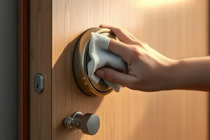 Renderização 3D conceitual de manutenção de fechadura digital com pano de microfibra em porta moderna de madeira.