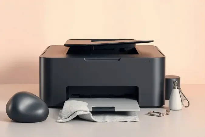 Render 3D conceitual sobre manutenção de impressora com ferramentas de limpeza abstratas e design minimalista.