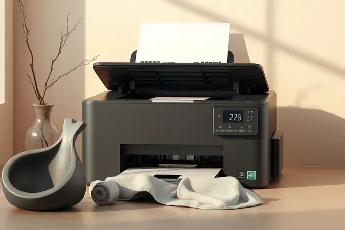 Render 3D conceitual de manutenção de impressora com ferramentas abstratas em ambiente sereno e clean.