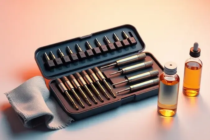Kit de chaves de precisão organizado em estojo protetor com pano de microfibra e óleo de manutenção.