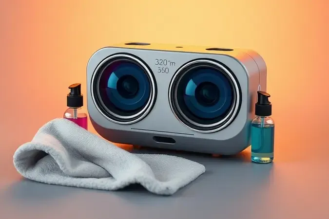 Cena conceitual 3D de manutenção de câmera 360 graus com pano de microfibra e frasco de limpeza próximos às lentes esféricas cristalinas.