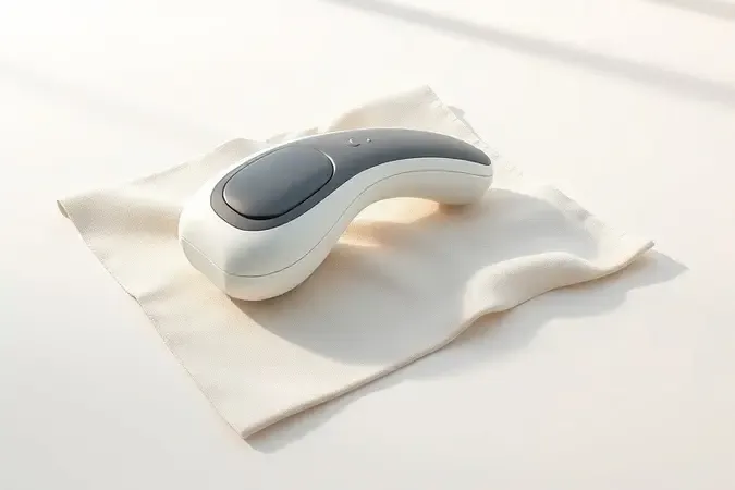 Dispositivo massageador sendo limpo com pano de microfibra em composição clean de manutenção.