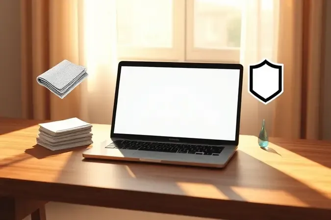 Render 3D conceitual de notebook em ambiente tranquilo com elementos abstratos simbolizando cuidado e proteção do equipamento.