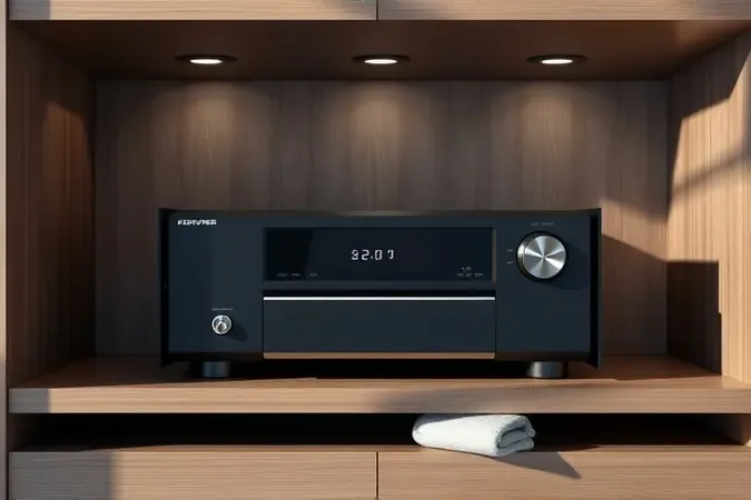 Renderização 3D conceitual de receiver em prateleira ventilada com pano de microfibra representando cuidados e manutenção.