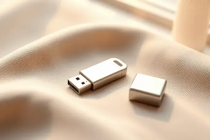 Render 3D de pen drive repousando sobre superfície protetora de microfibra com capa ao lado simbolizando cuidado e longevidade.