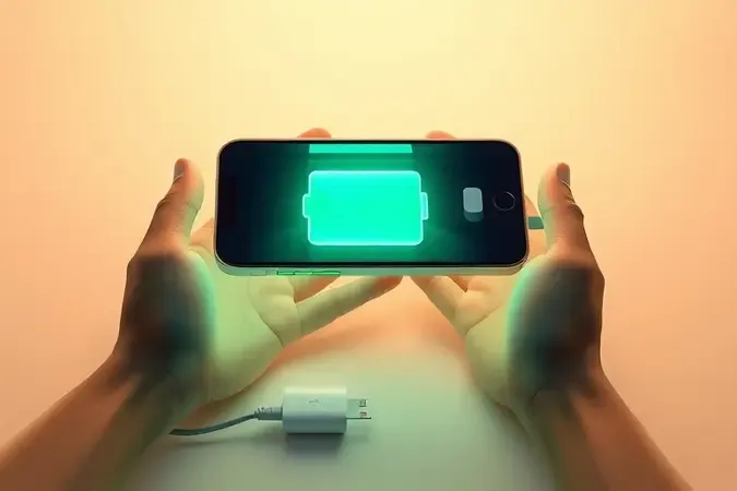 Renderização conceitual de bateria de celular estilizada com brilho verde saudável e mãos protetoras simbolizando cuidados com a bateria.