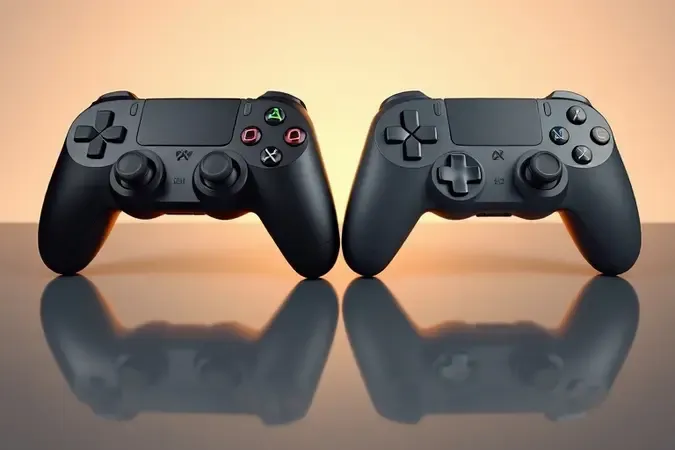 Composição 3D conceitual com dois controles genéricos lado a lado contrastando acabamentos premium e padrão para representar custo-benefício.