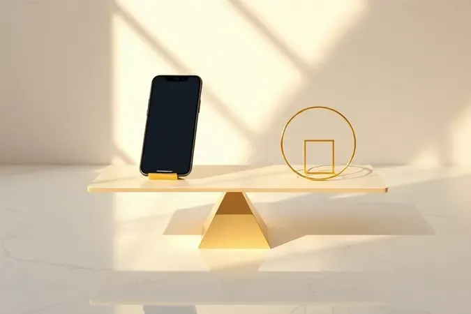 Renderização 3D conceitual de balança minimalista equilibrando smartphone e formas geométricas douradas representando custo-benefício.